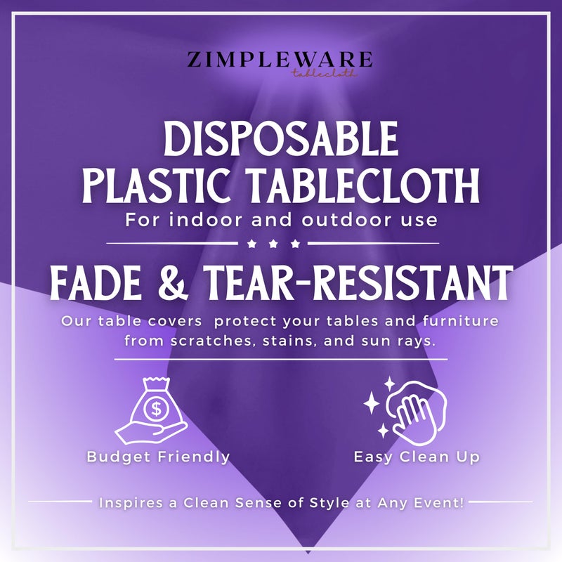 ZIMPLEWARE Premium Purple Plastic Table Cloth Disposable (12 Pk) Plastic Tablecloths for Rectangle Tables (54in x 108in) Party Table Cloths Disposable for 6ft to 8ft Rectangle Tables - Image 2
